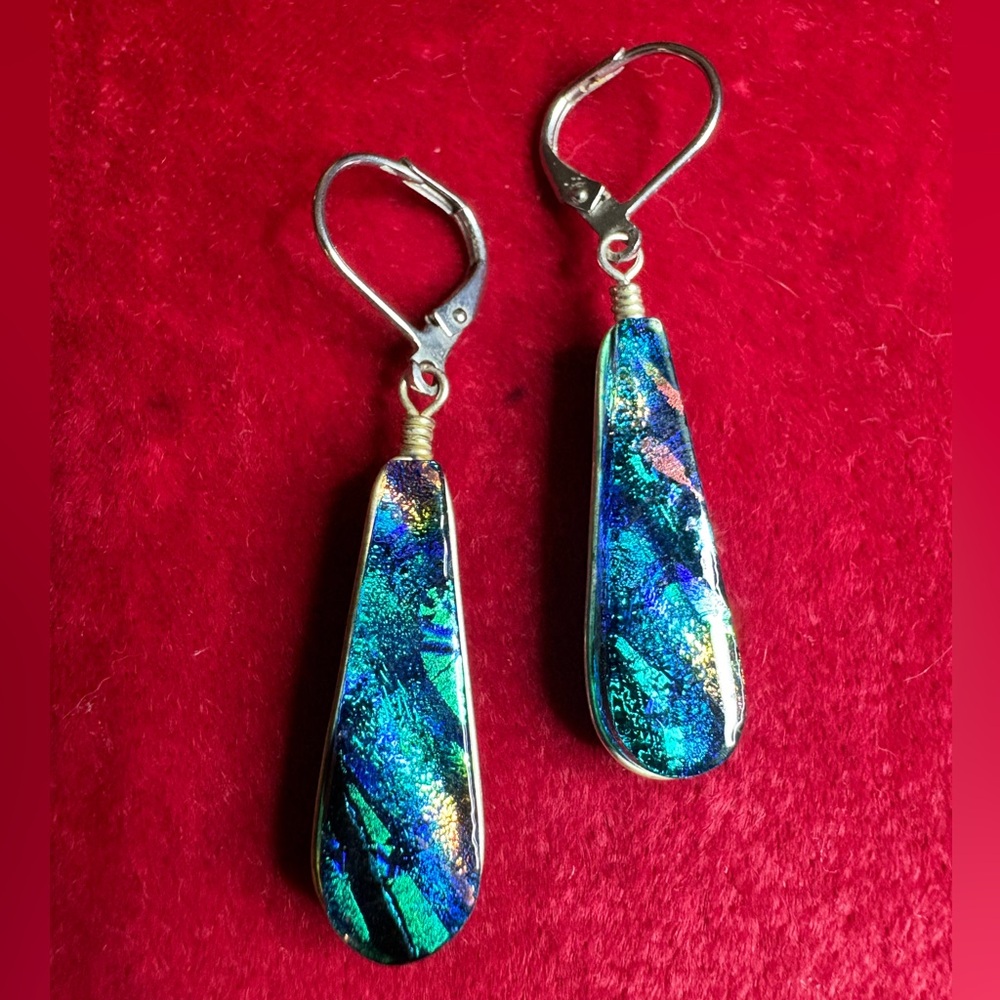 Earrings Renaissance Glass Iridescent Blue-Green Teardrop Lever Back